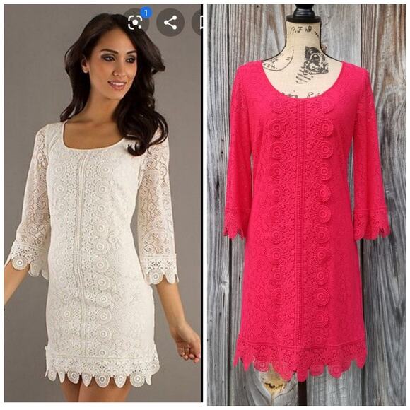 Red Lace Crochet Dress Laundry Shelli Segal Size 6 Scallop Edge Flare Sleeve NWT - Picture 1 of 9